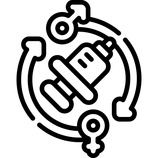 Icon of a syringe surrounded by male and female gender symbols with circular arrows.