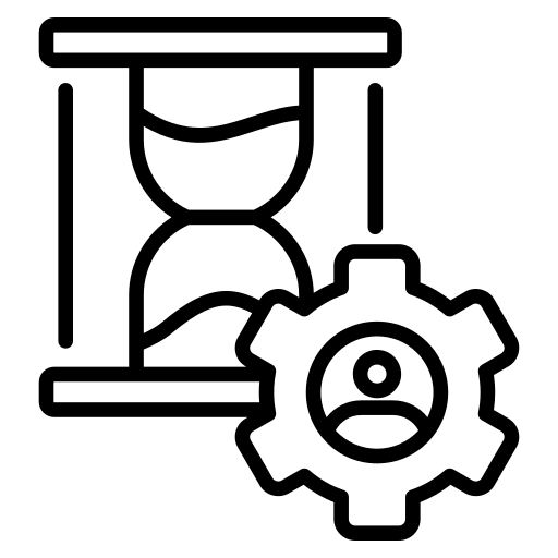 Icon of a person with hourglass and gear symbolizing time and management.