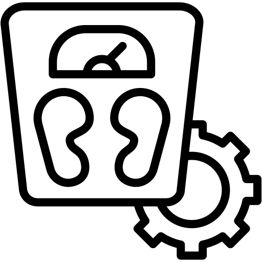 Icon of a weighing scale with a gear symbol.