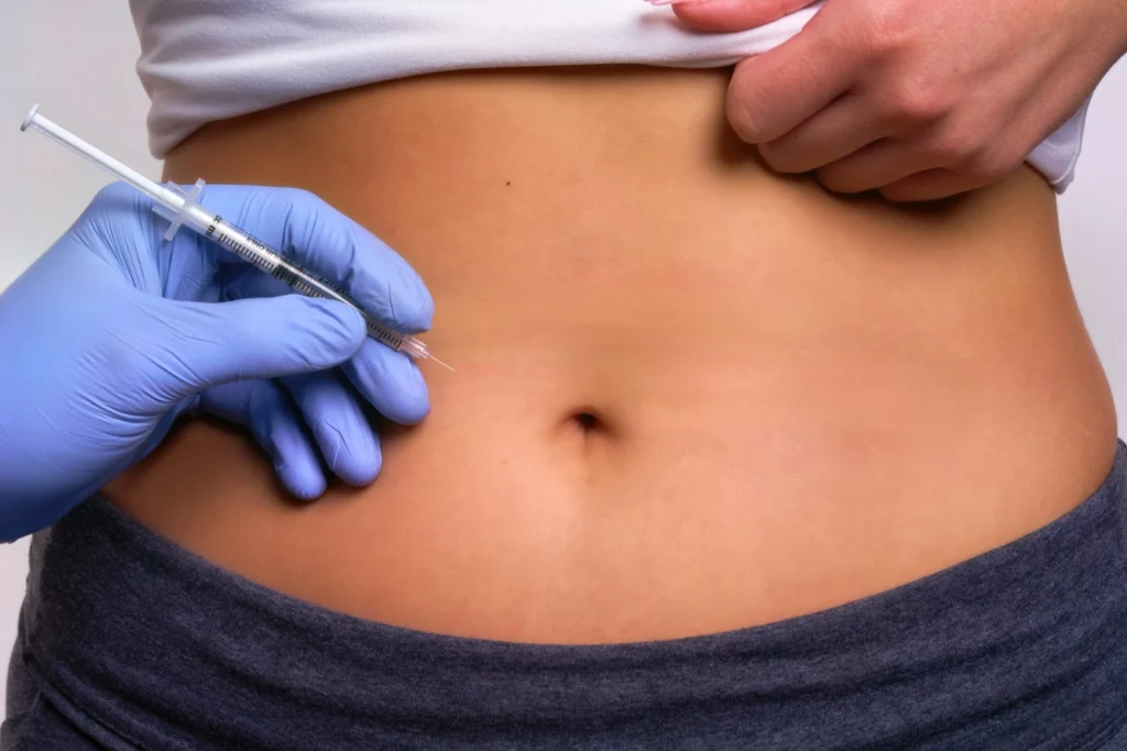 A person receiving an injection in the abdominal area.