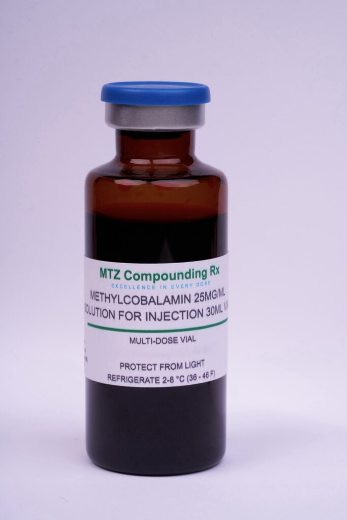 Brown vial labeled MTZ Compounding for injection use.