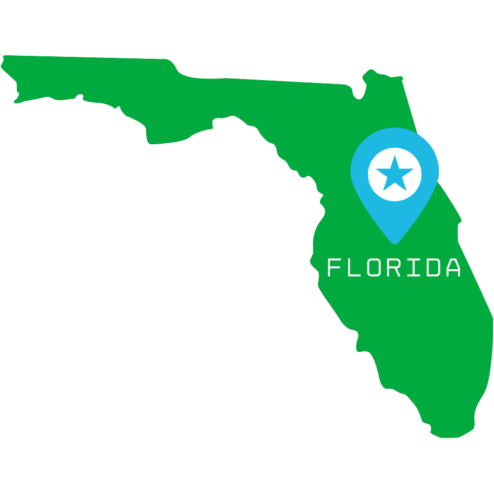 Map highlighting the state of Florida in green with a location pin.